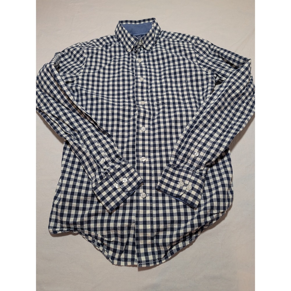 George Mens Classic Fit Gingham Button Down Shirt Navy Blue White XS 30-32